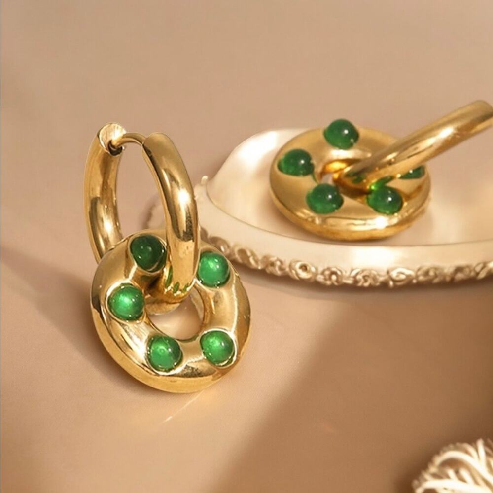 NEW 14K yellow gold stainless steel faux green agate drop earrings jewelry B20 - Picture 10 of 10